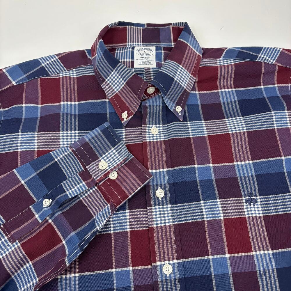 Brooks Brothers Large Red Blue Check Plaid Long Sleeve Button Down Regent Shirt